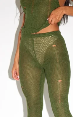 New PrettyLittleThing Distressed Knit Flare Pants Khaki