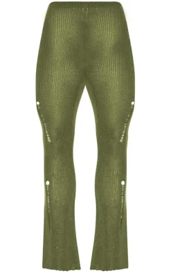 New PrettyLittleThing Distressed Knit Flare Pants Khaki
