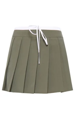 Khaki Drawstring Double Waistband Tailored Pleated Mini Skirt