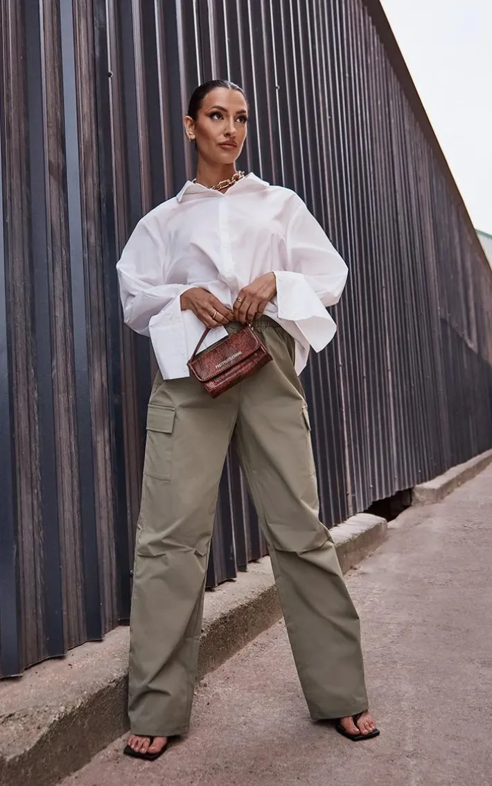 Khaki Elasticated Waist Straight Leg Cargo Pants