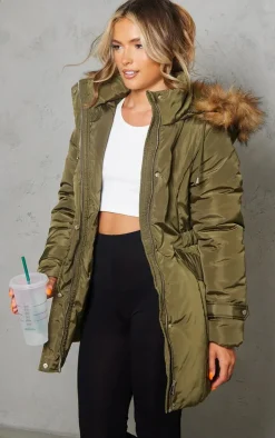 PrettyLittleThing Faux Fur Coats*Faux Fur Hooded Elasticated Waist Longline Parka