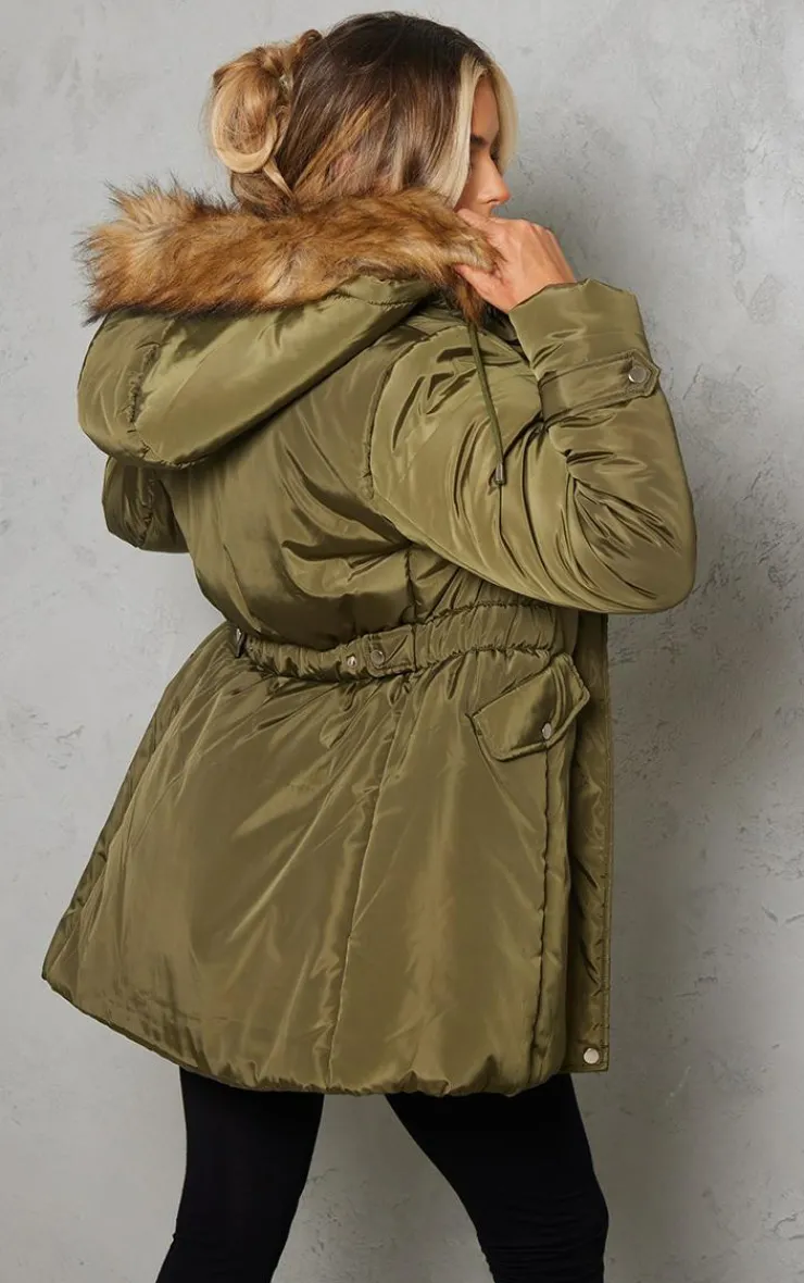 PrettyLittleThing Faux Fur Coats*Faux Fur Hooded Elasticated Waist Longline Parka