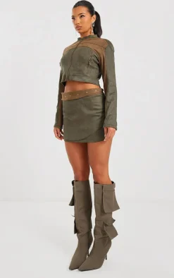 Sale PrettyLittleThing Faux Suede Wrap Micro Mini Skirt Khaki