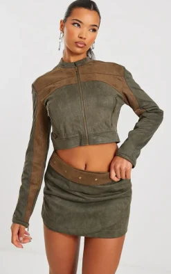 Sale PrettyLittleThing Faux Suede Wrap Micro Mini Skirt Khaki