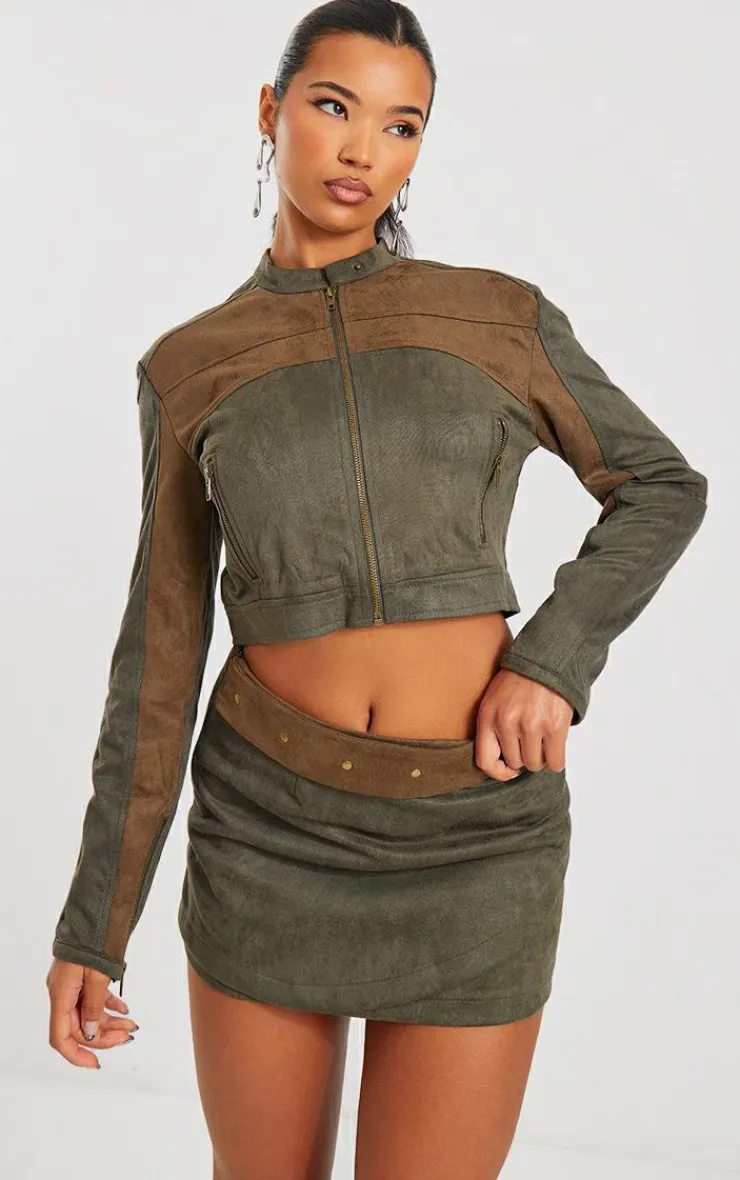 Sale PrettyLittleThing Faux Suede Wrap Micro Mini Skirt Khaki