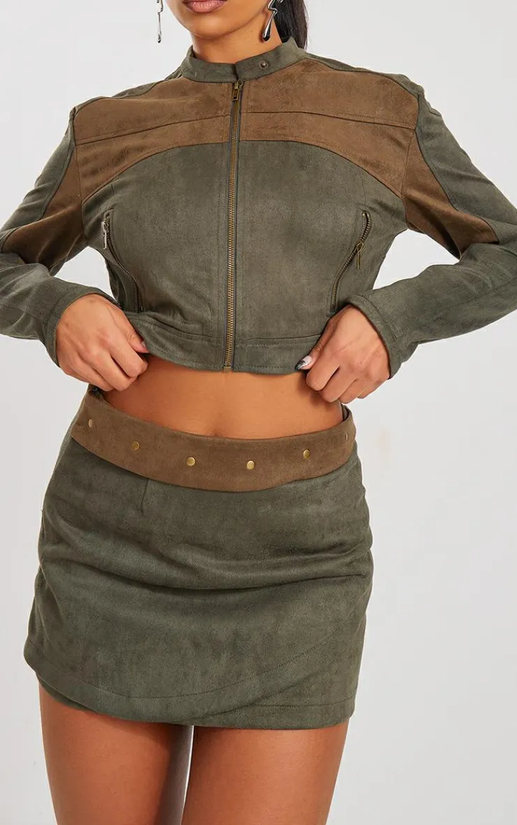 Sale PrettyLittleThing Faux Suede Wrap Micro Mini Skirt Khaki