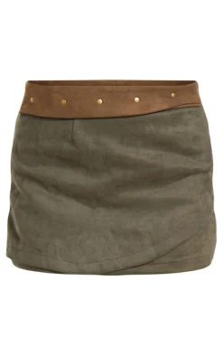 Sale PrettyLittleThing Faux Suede Wrap Micro Mini Skirt Khaki