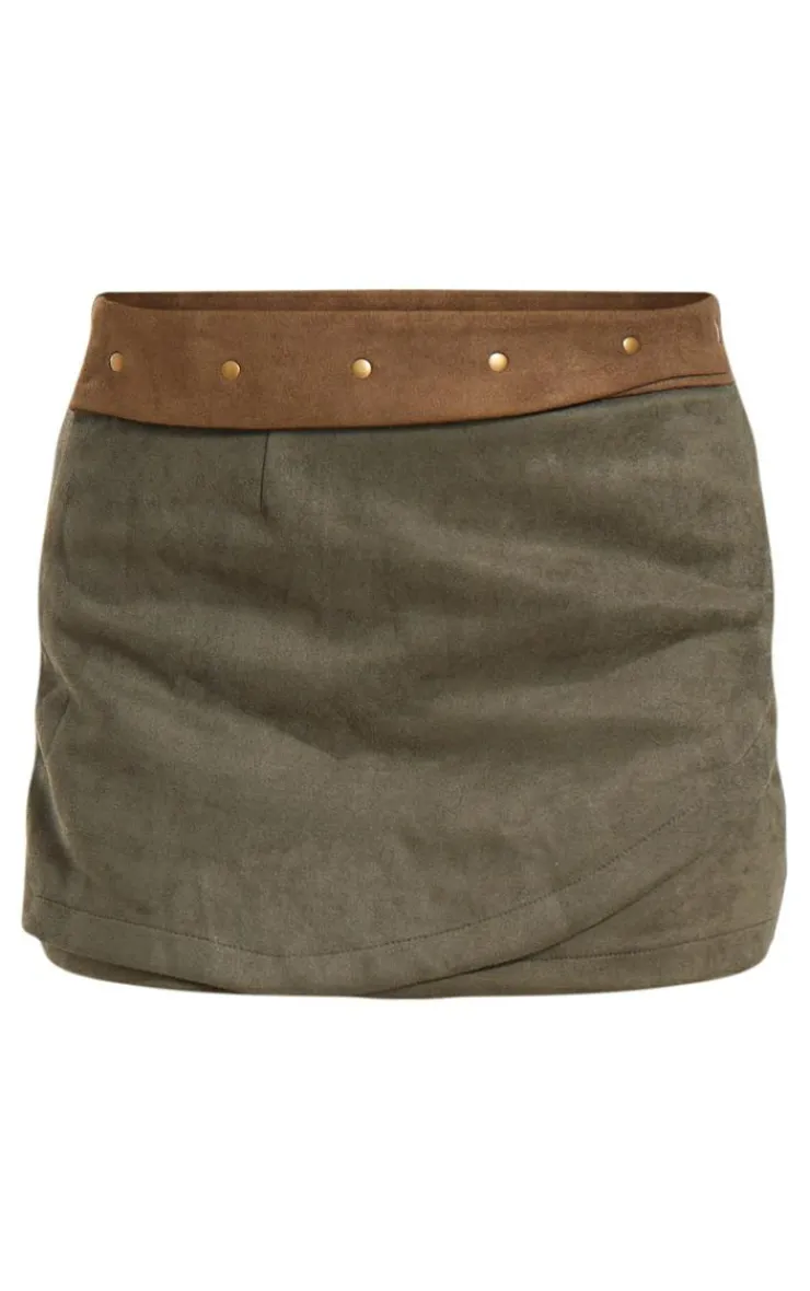 Sale PrettyLittleThing Faux Suede Wrap Micro Mini Skirt Khaki