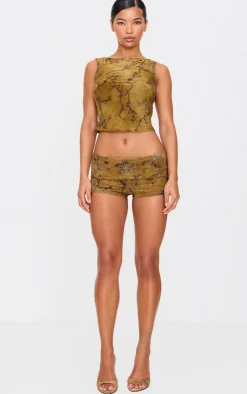 Outlet PrettyLittleThing Floral Print Devore Low Rise Hot Pants Khaki