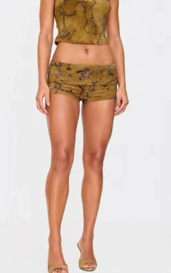Outlet PrettyLittleThing Floral Print Devore Low Rise Hot Pants Khaki