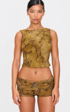 Outlet PrettyLittleThing Floral Print Devore Low Rise Hot Pants Khaki