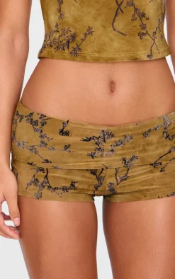 Outlet PrettyLittleThing Floral Print Devore Low Rise Hot Pants Khaki