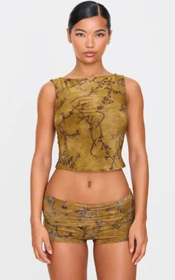 Clearance PrettyLittleThing Floral Print Devore Boat Neck Top Khaki