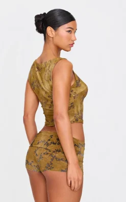 Clearance PrettyLittleThing Floral Print Devore Boat Neck Top Khaki