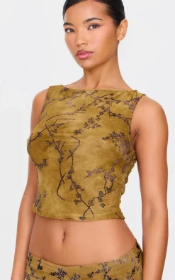 Clearance PrettyLittleThing Floral Print Devore Boat Neck Top Khaki