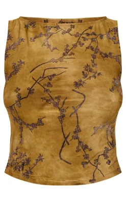 Clearance PrettyLittleThing Floral Print Devore Boat Neck Top Khaki