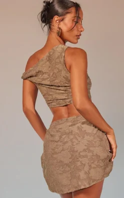 Outlet PrettyLittleThing Floral Sheer Burnout Asymmetric Crop Top Khaki