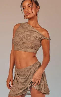 Outlet PrettyLittleThing Floral Sheer Burnout Asymmetric Crop Top Khaki
