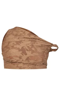 Outlet PrettyLittleThing Floral Sheer Burnout Asymmetric Crop Top Khaki