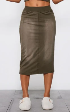 New PrettyLittleThing Jersey Washed Binding Detail Midi Skirt Khaki