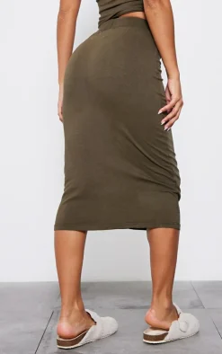 New PrettyLittleThing Jersey Washed Binding Detail Midi Skirt Khaki