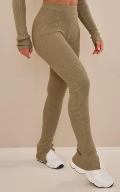 Online PrettyLittleThing Knitted Split Hem Flare Pants Khaki