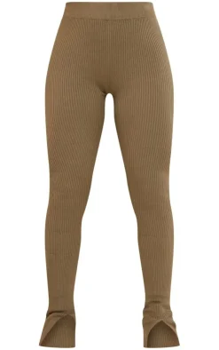 Online PrettyLittleThing Knitted Split Hem Flare Pants Khaki