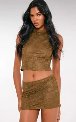 New PrettyLittleThing Lace Fitted Sleevless Long Line Top Khaki
