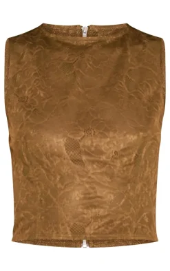 New PrettyLittleThing Lace Fitted Sleevless Long Line Top Khaki