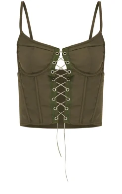 Best PrettyLittleThing Lace Up Detail Corset Crop Top Khaki