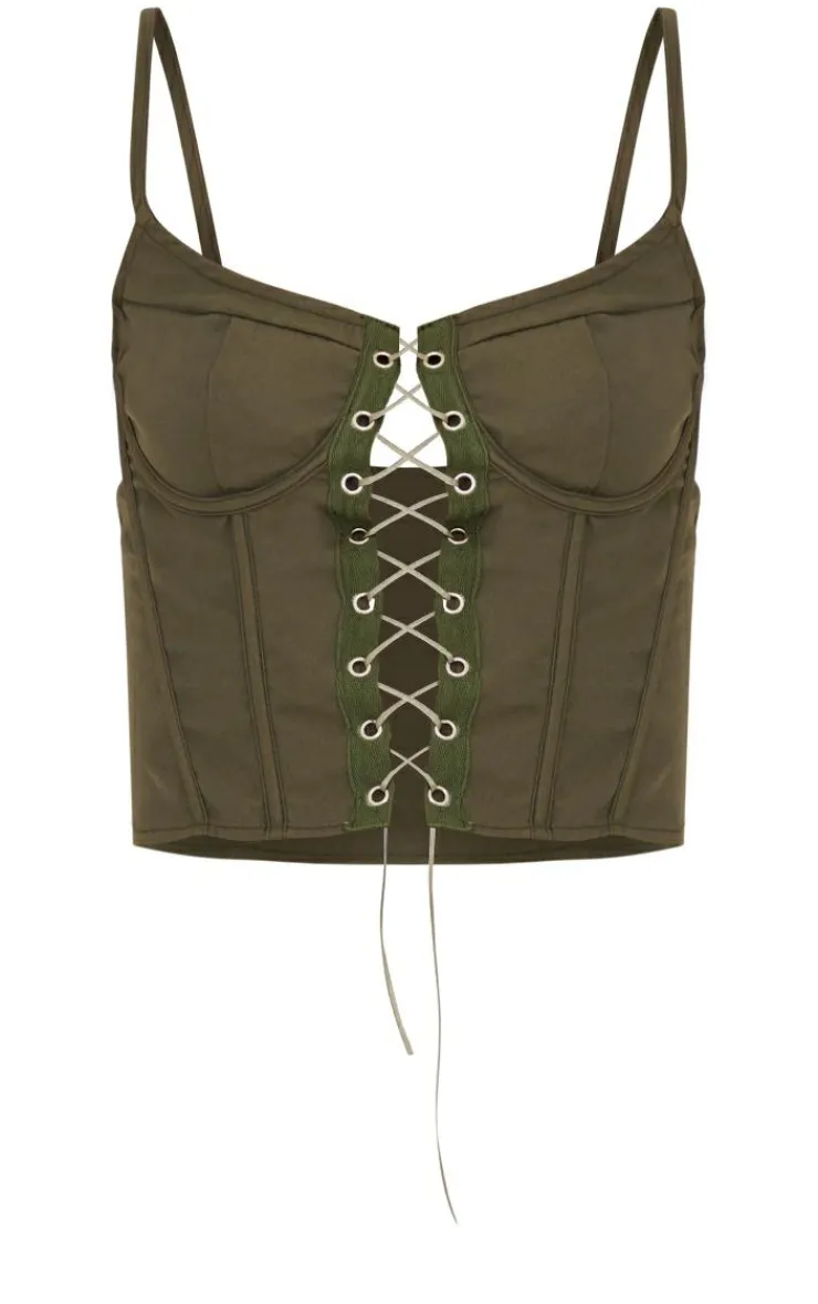 Best PrettyLittleThing Lace Up Detail Corset Crop Top Khaki