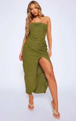 Linen Look Bandeau Pleated Ruched Midi Dress-PrettyLittleThing Discount