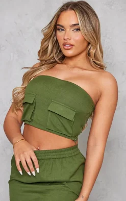 Clearance PrettyLittleThing Linen Look Cargo Pocket Bandeau Corset Khaki