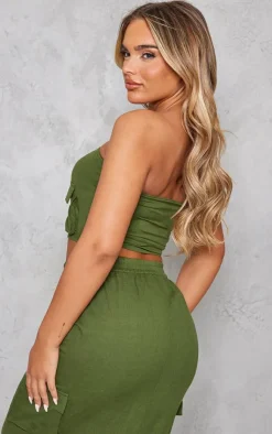 Clearance PrettyLittleThing Linen Look Cargo Pocket Bandeau Corset Khaki