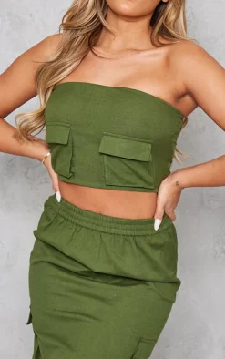 Clearance PrettyLittleThing Linen Look Cargo Pocket Bandeau Corset Khaki