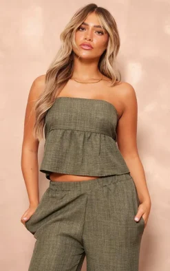 Hot PrettyLittleThing Linen Look Floaty Bandeau Top Khaki