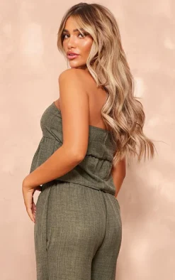 Hot PrettyLittleThing Linen Look Floaty Bandeau Top Khaki