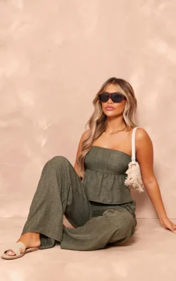 Hot PrettyLittleThing Linen Look Floaty Bandeau Top Khaki