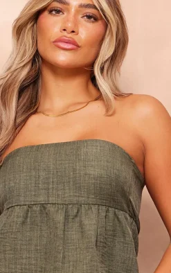 Hot PrettyLittleThing Linen Look Floaty Bandeau Top Khaki
