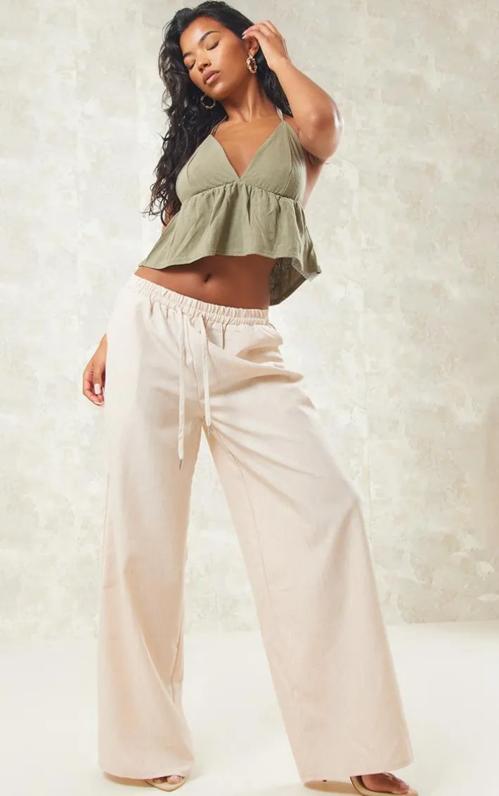 Khaki Linen Look Frill Hem Crop Top