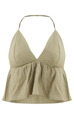 Khaki Linen Look Frill Hem Crop Top