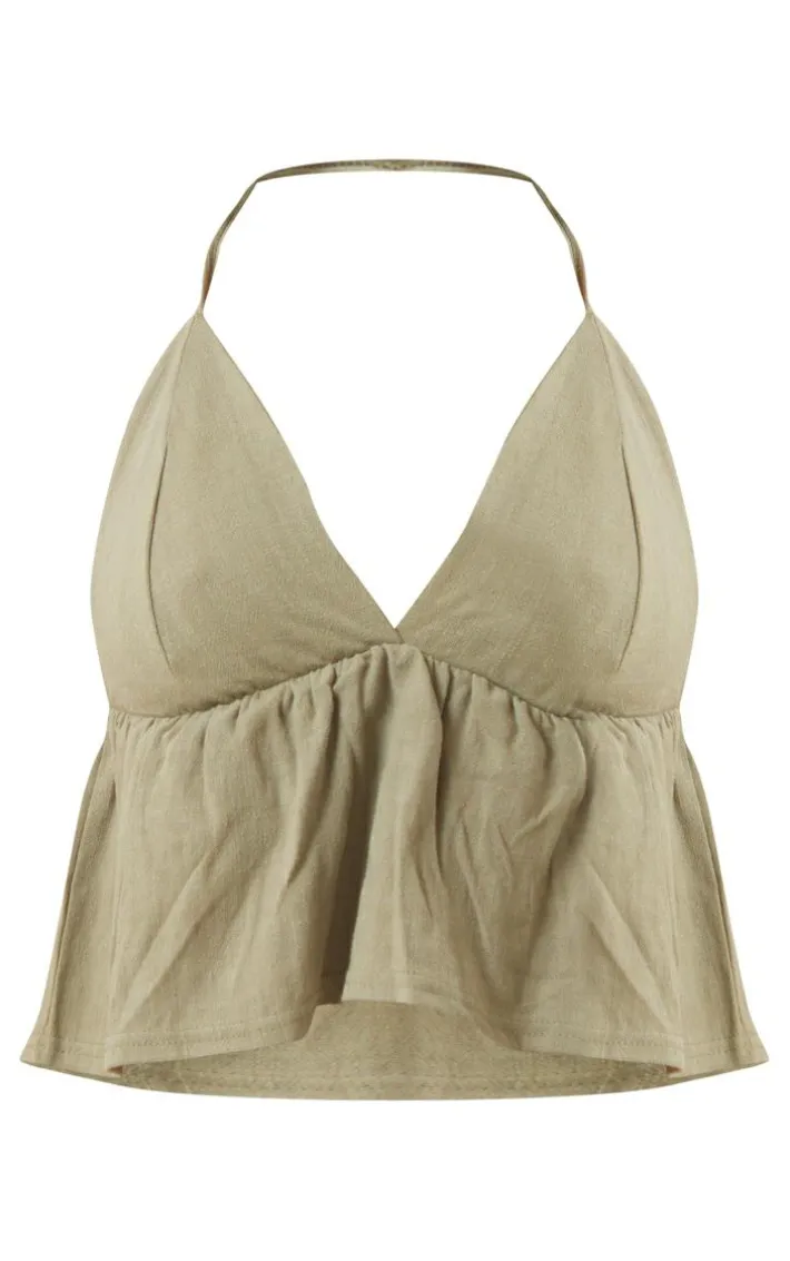 Khaki Linen Look Frill Hem Crop Top