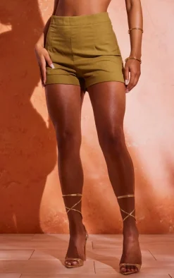 Discount PrettyLittleThing Linen Look High Waisted Shorts Khaki