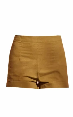 Discount PrettyLittleThing Linen Look High Waisted Shorts Khaki