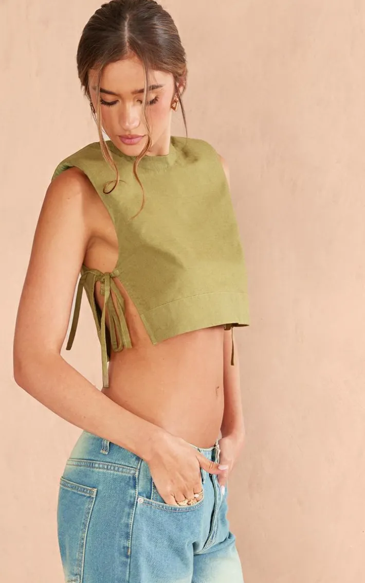 Khaki Linen Look Shoulder Pad Tie Side Top