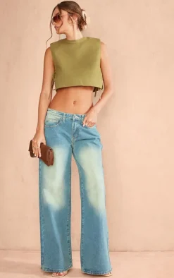 Khaki Linen Look Shoulder Pad Tie Side Top