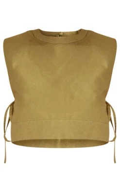 Khaki Linen Look Shoulder Pad Tie Side Top