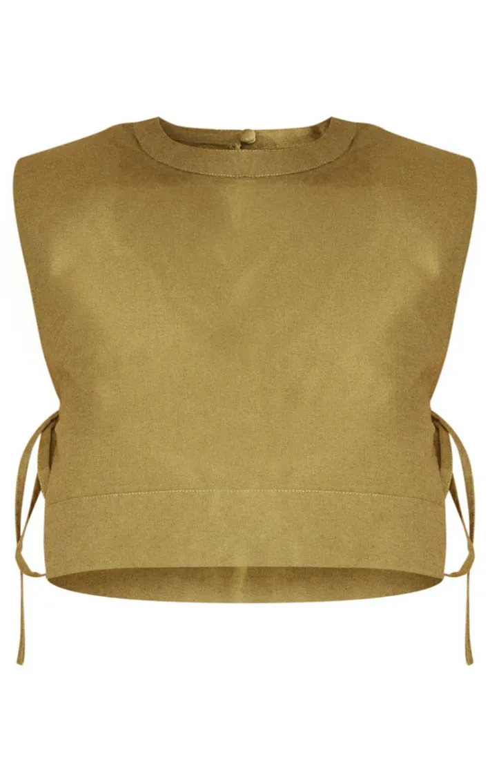 Khaki Linen Look Shoulder Pad Tie Side Top