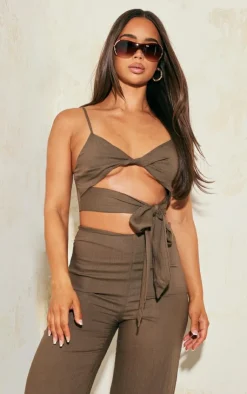Best PrettyLittleThing Linen Look Tie Detail Crop Top Khaki