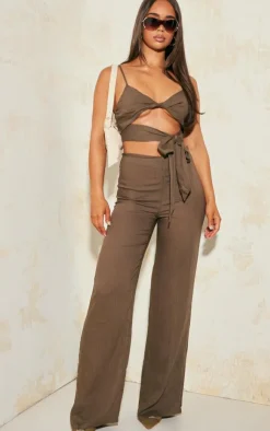 Best PrettyLittleThing Linen Look Tie Detail Crop Top Khaki
